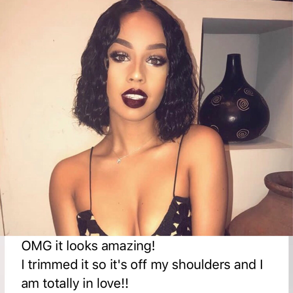 Model wearing black 10-inch HD lace human hair wig in body wave texture – Nuola Wigs.