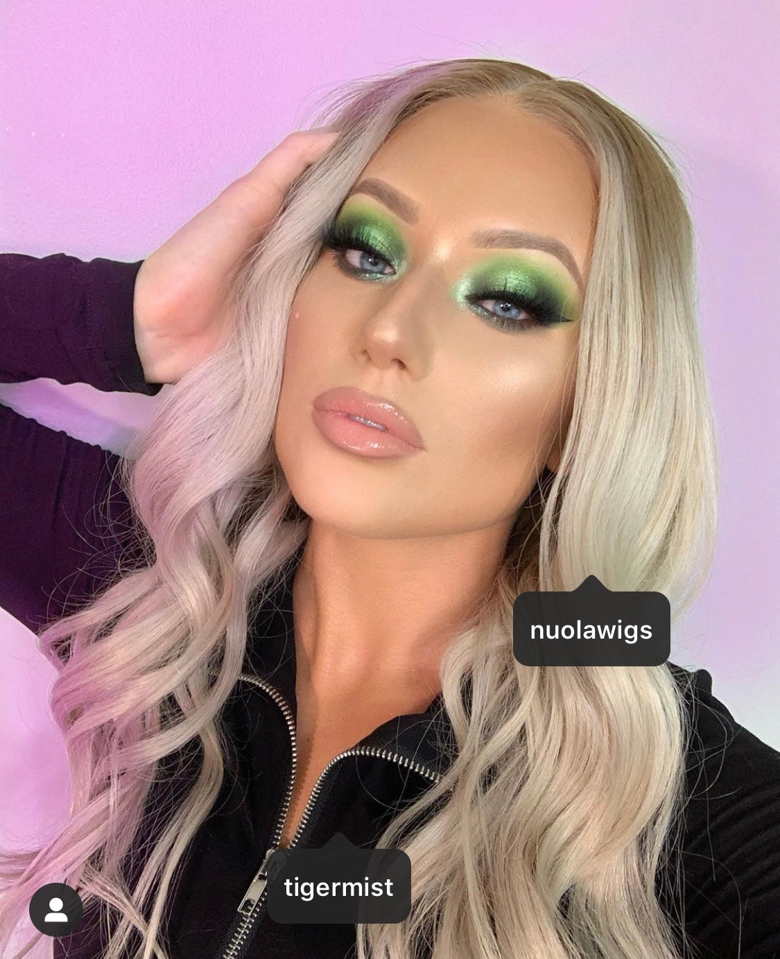 Model wearing blonde balayage 17-inch HD lace human hair wig in body wave texture – Nuola Wigs.