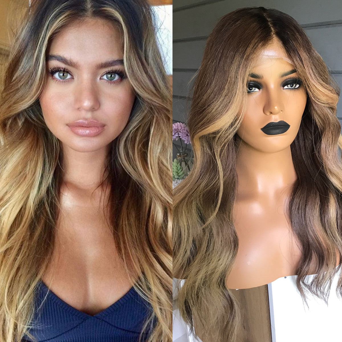 Model wearing blonde balayage 22-inch HD lace human hair wig in body wave texture – Nuola Wigs.