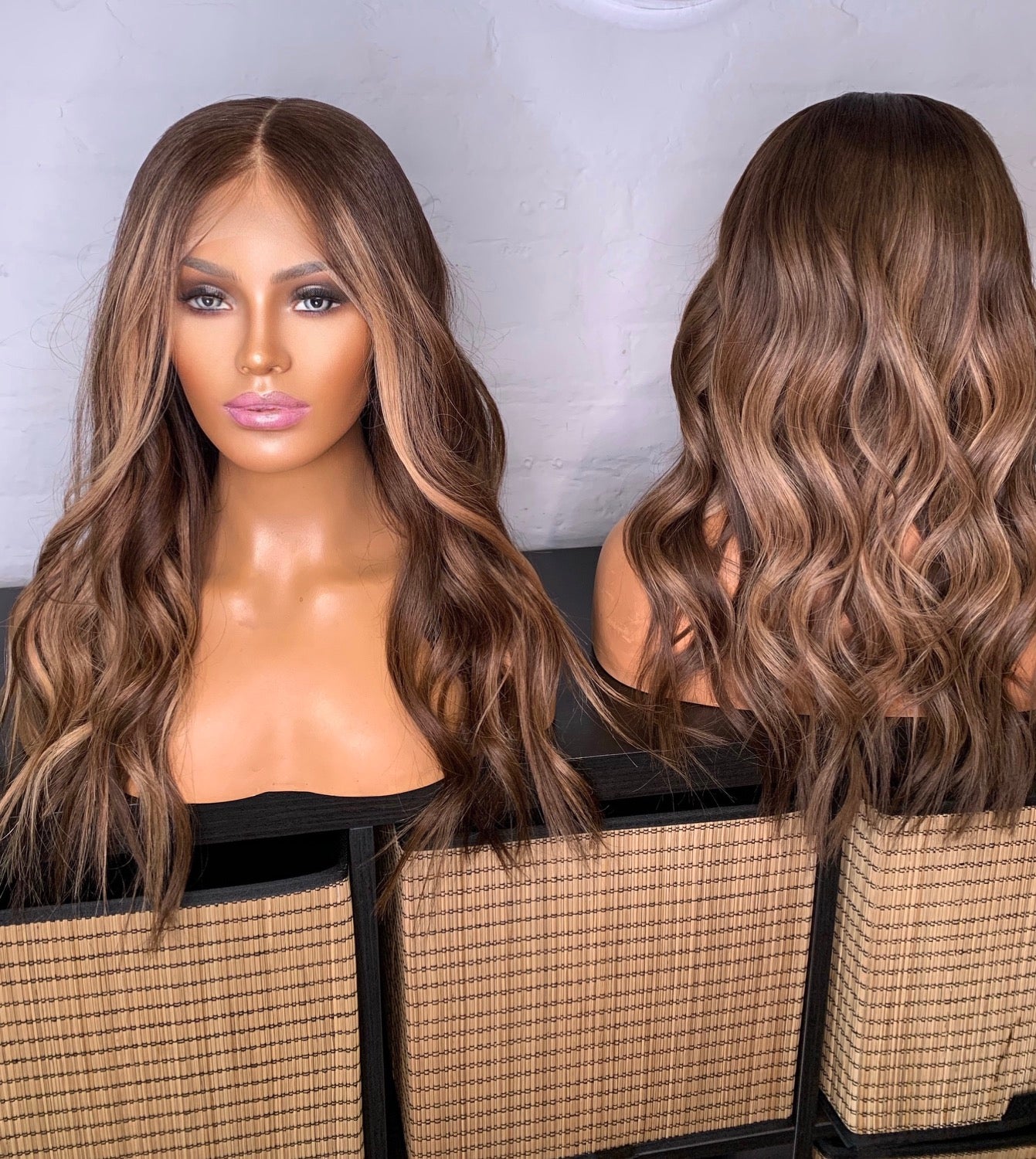 A long wavy hairstyle wig in brown balayage color, displayed on a mannequin head showing both the front and back views.