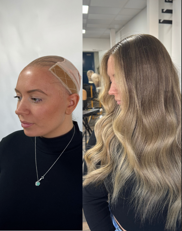 Model wearing blonde balayage 22-inch HD lace human hair wig in body wave
texture – Nuola Wigs.